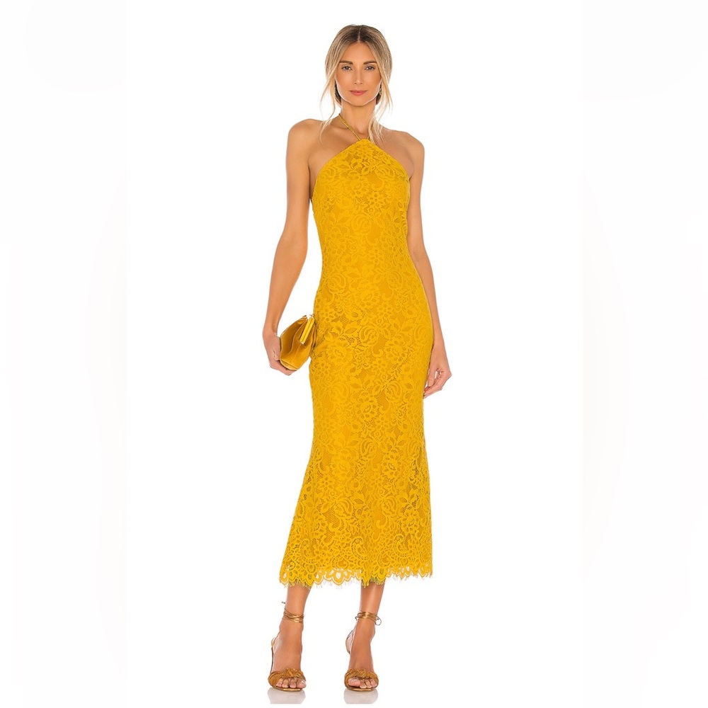 REVOLVE Yellow Lace Halter Midi Dress
